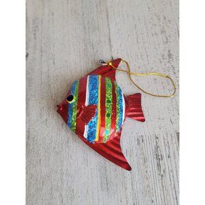 Unique red striped angel fish glitter ornament Xmas ocean sea